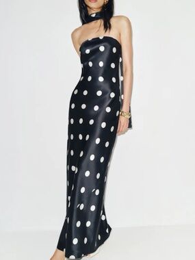 Reformation OREN Black White Polka Moon Dot Silk Dress Scarf W/ Tags XS PETITE